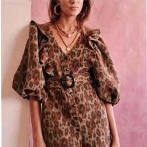 NWT Sezane Lila Belted Balloon dress in leopard jacquard size US 8/ EU 40